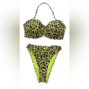 Victoria’s Secret Leopard Print Bikini Neon Yellow 34C Top High Leg Bottom XS